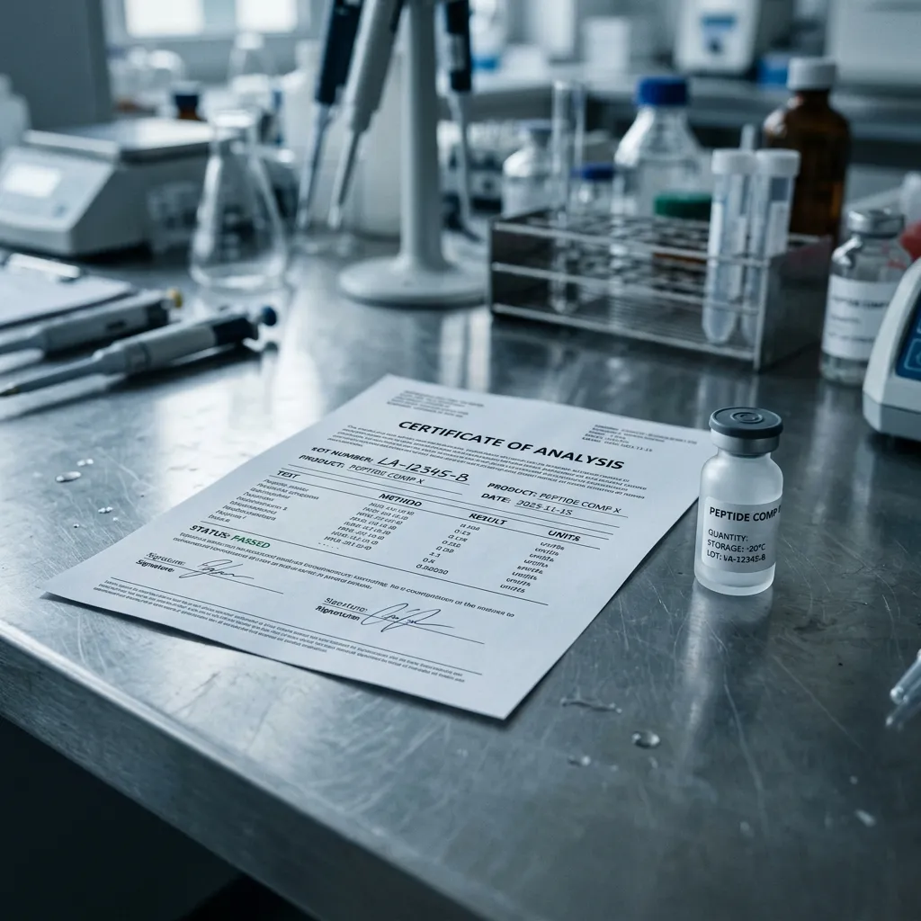 Certificate of Analysis document with lot number beside a lyophilized research peptide vial