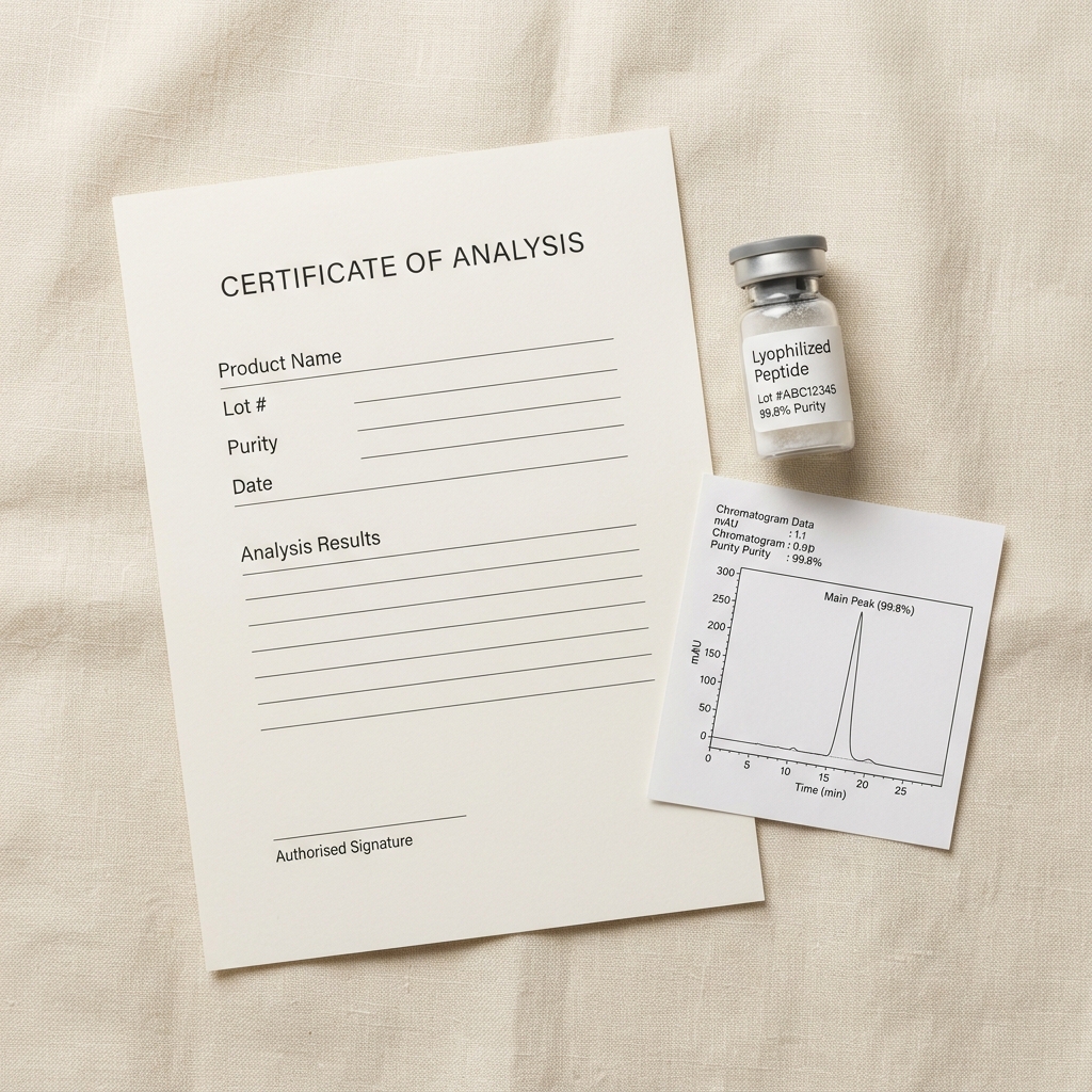 Certificate of Analysis documentation beside a research peptide vial