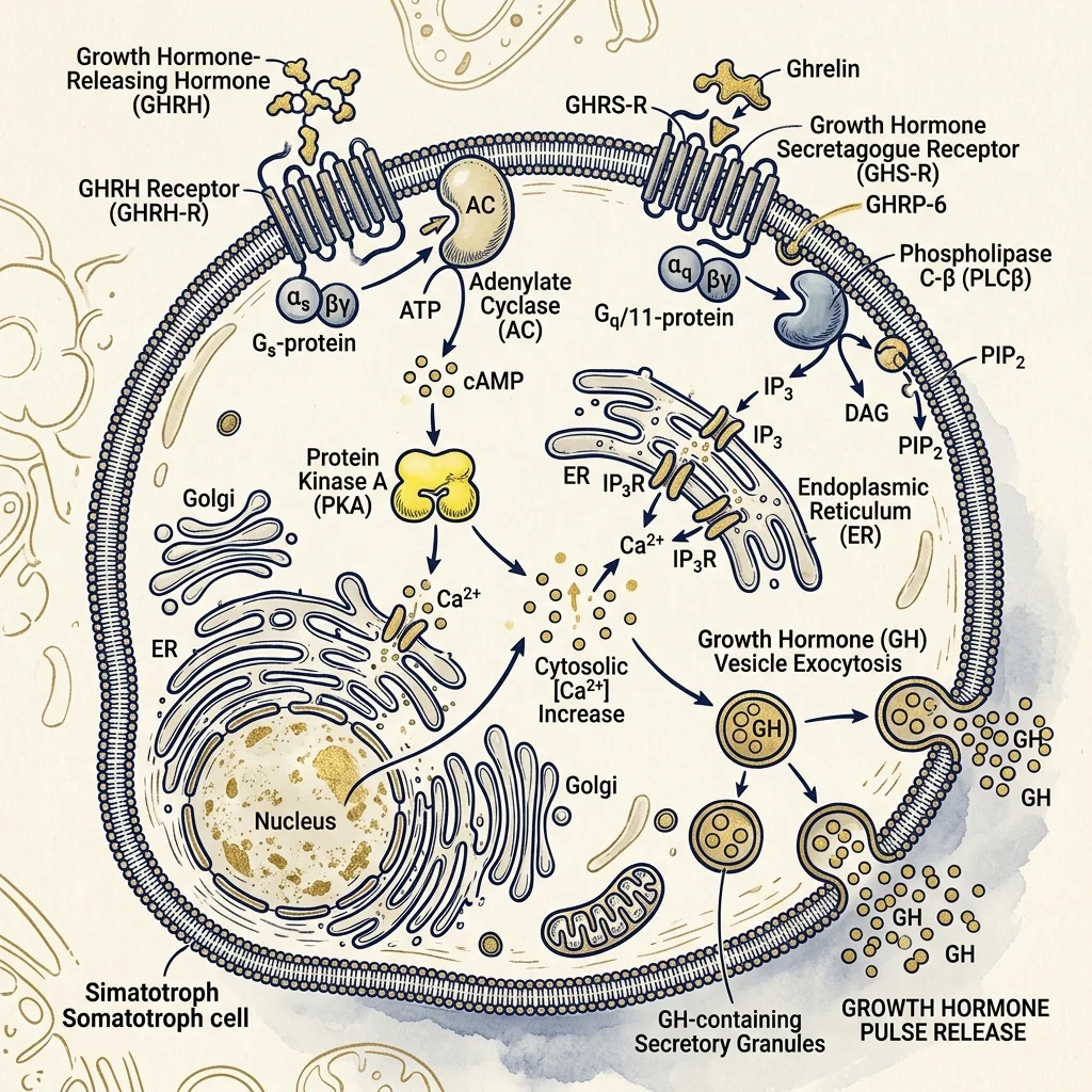 Diagram of dual GHRH and ghrelin receptor pathways converging on growth hormone secretion