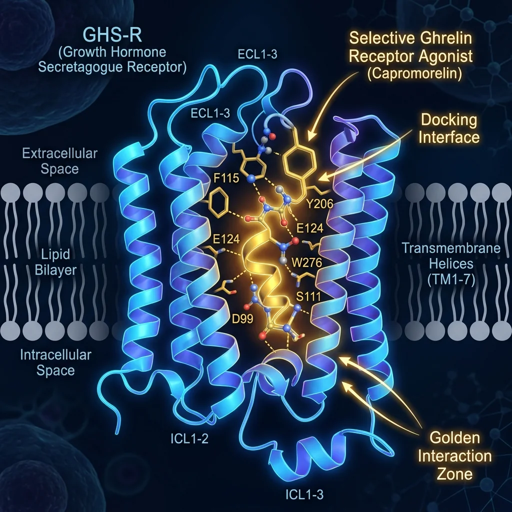 Illustration of a ghrelin receptor agonist peptide binding to GHS-R