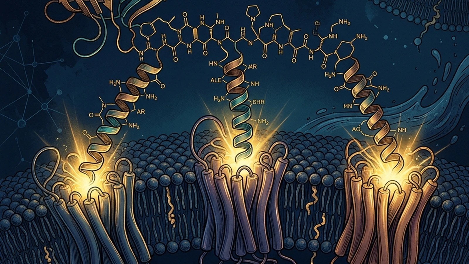 Diagram of GLP-3 simultaneously engaging GLP-1, GIP, and glucagon receptors
