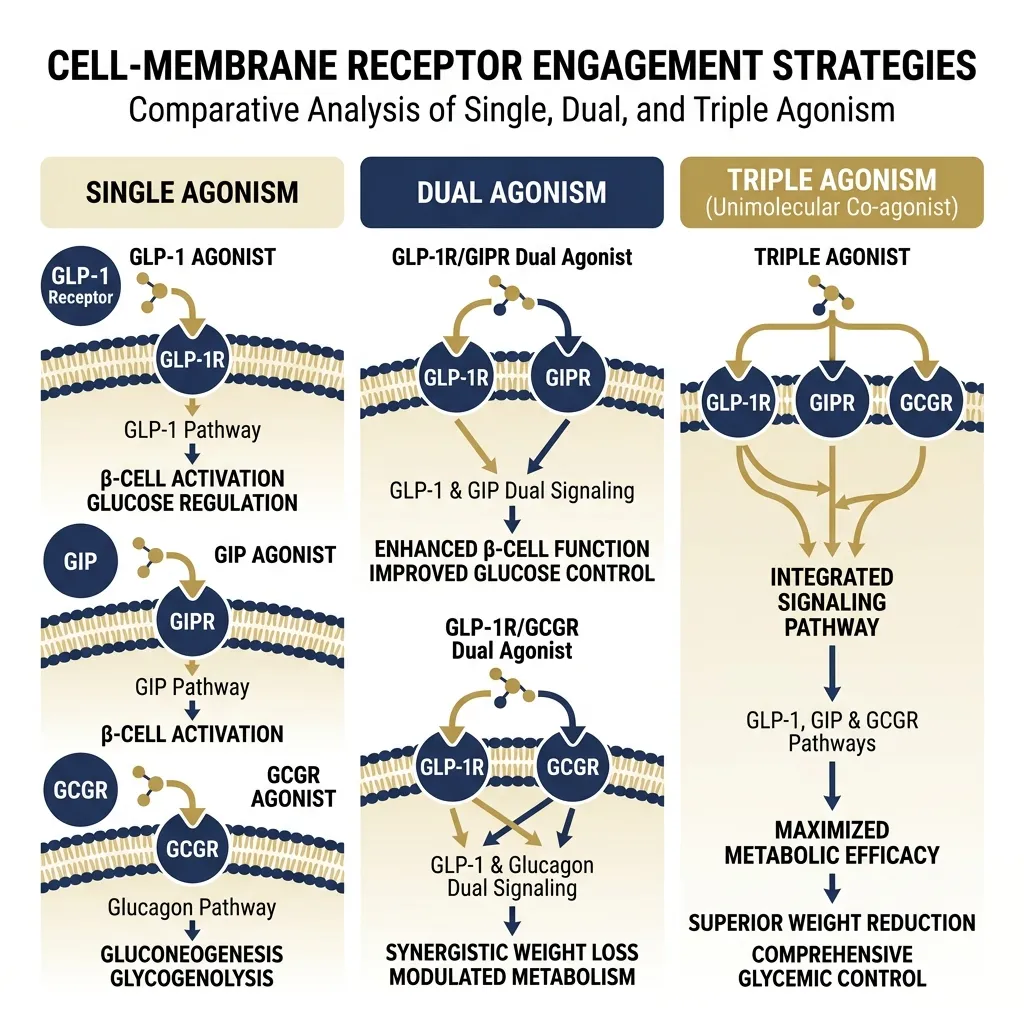 Diagram comparing GLP-1, GIP, and glucagon receptor engagement across semaglutide, tirzepatide, and GLP-3 (Rt) research mechanisms