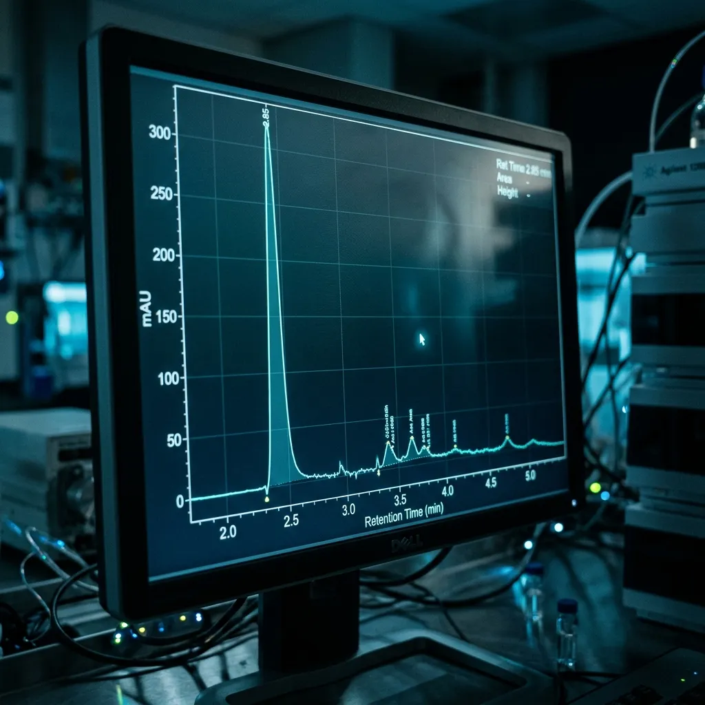 Close-up of an HPLC chromatogram showing a dominant purity peak and minor impurity peaks used to verify research peptide purity