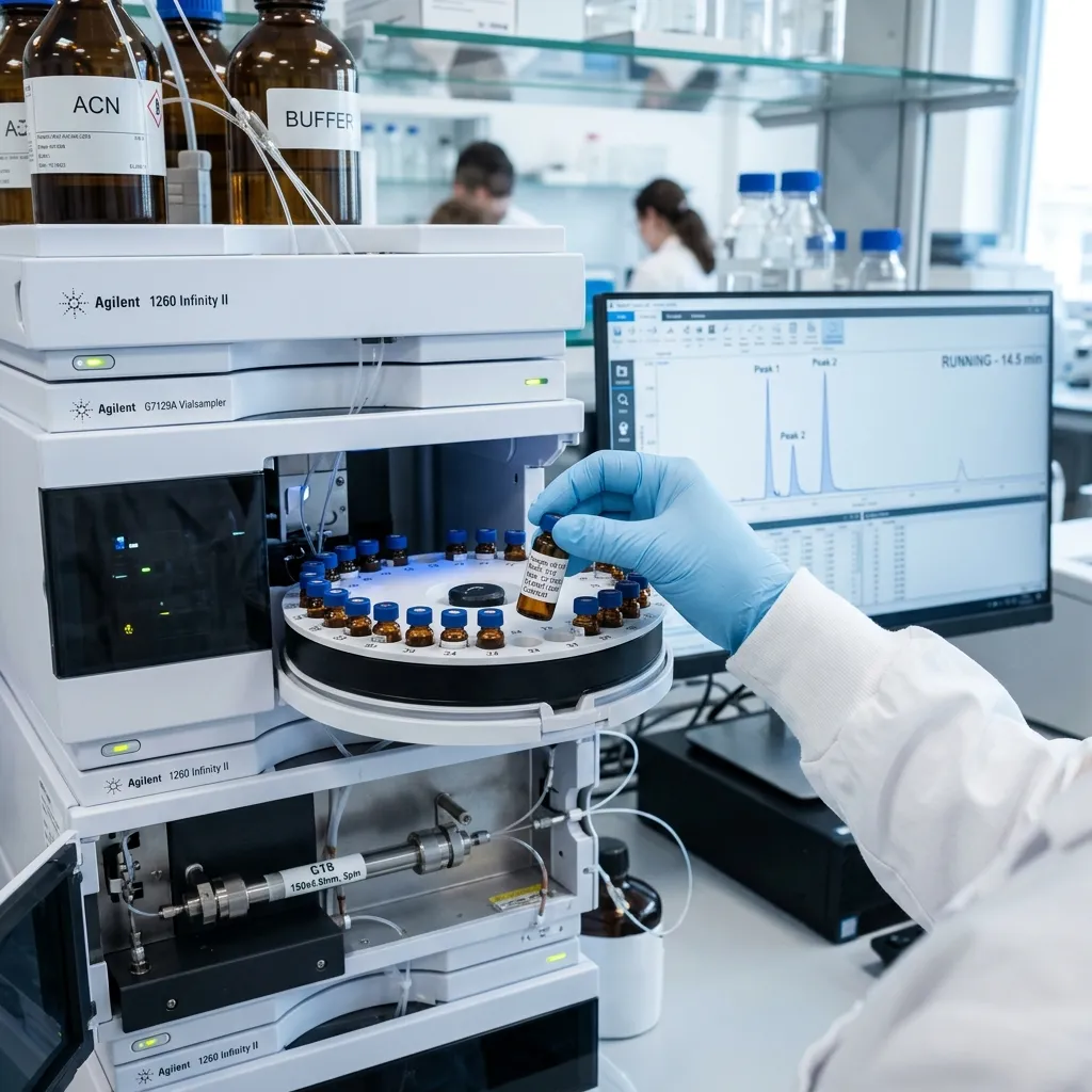 Laboratory HPLC verification workflow for research-grade semaglutide, tirzepatide, and GLP-3 (Rt) vials