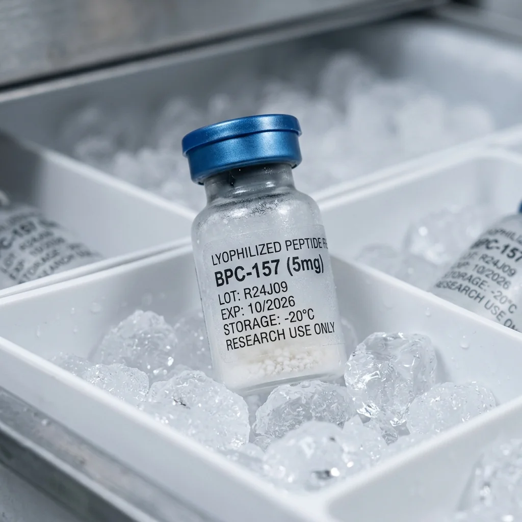 Lyophilized research peptide vial in cold-chain storage