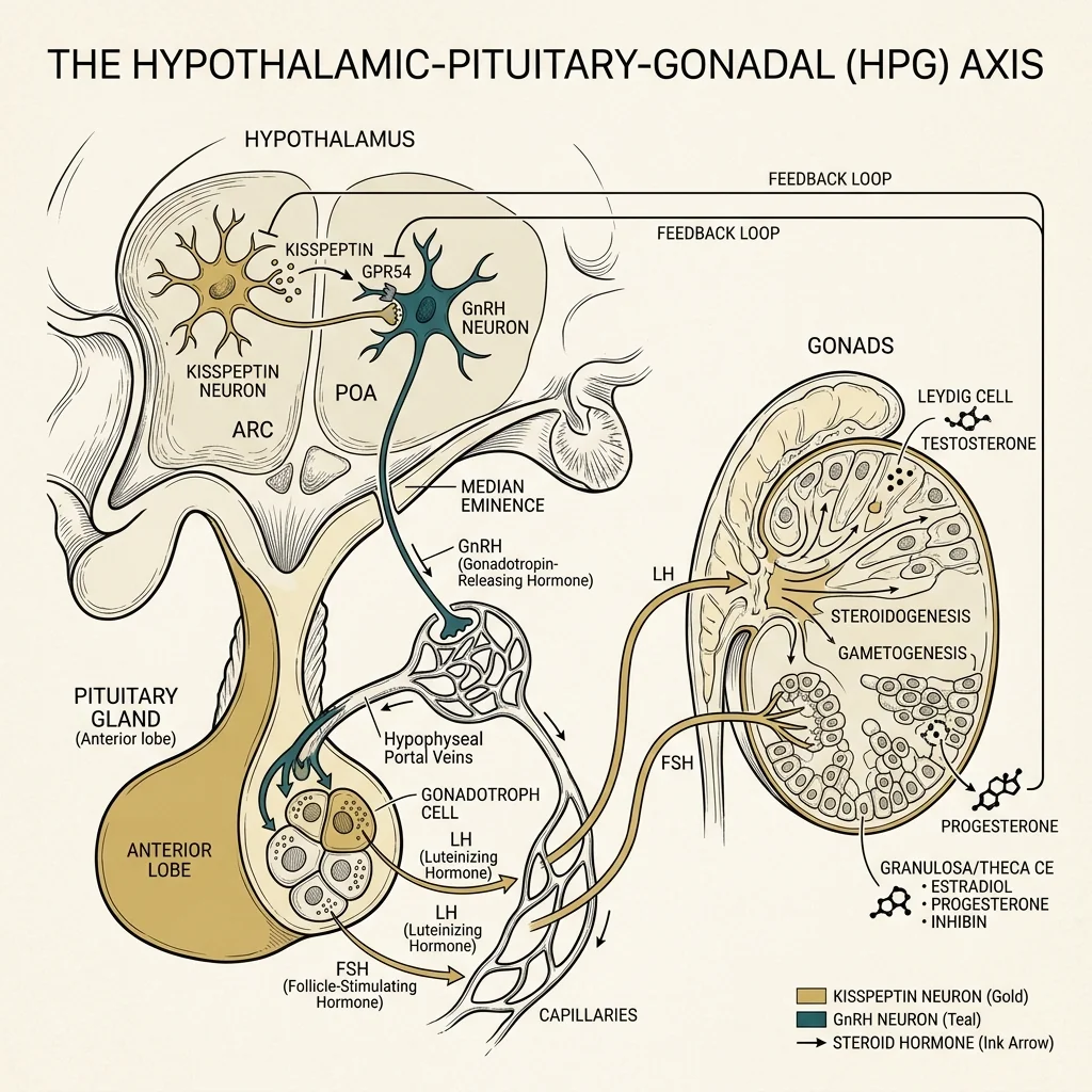 Diagram of the HPG axis showing kisspeptin-10 signaling to GnRH neurons