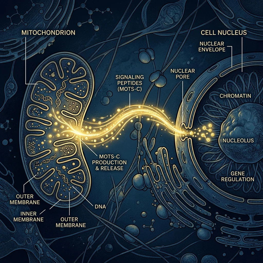 Illustration of MOTS-C mitochondrial-to-nuclear signaling pathway