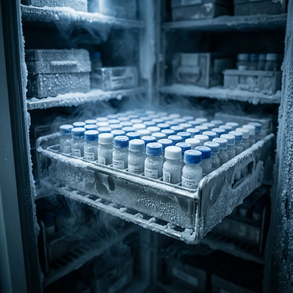 Rack of lyophilized research peptide vials stored at -20°C in a laboratory freezer