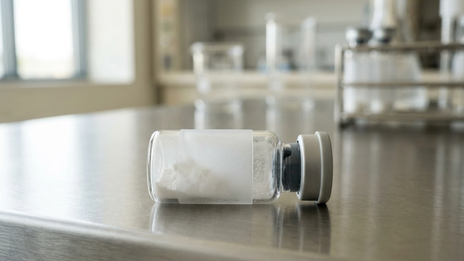 Research-grade MOTS-c lyophilized peptide vial on a laboratory bench