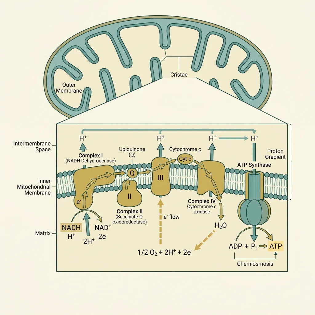Diagram of NAD+ and NADH cycling through the mitochondrial electron transport chain during ATP production