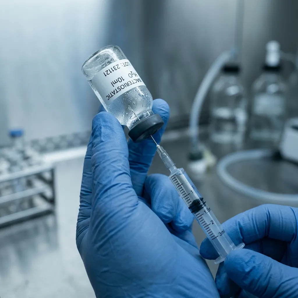 Syringe drawing bacteriostatic water to reconstitute a lyophilized research peptide vial on a lab bench