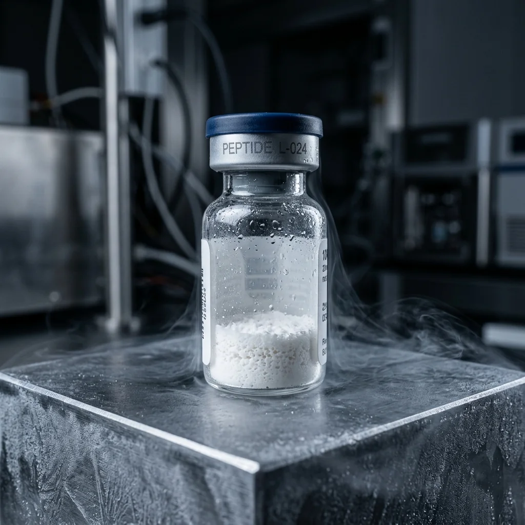 Lyophilized metabolic peptide vial in cold-chain storage at Longevia Research