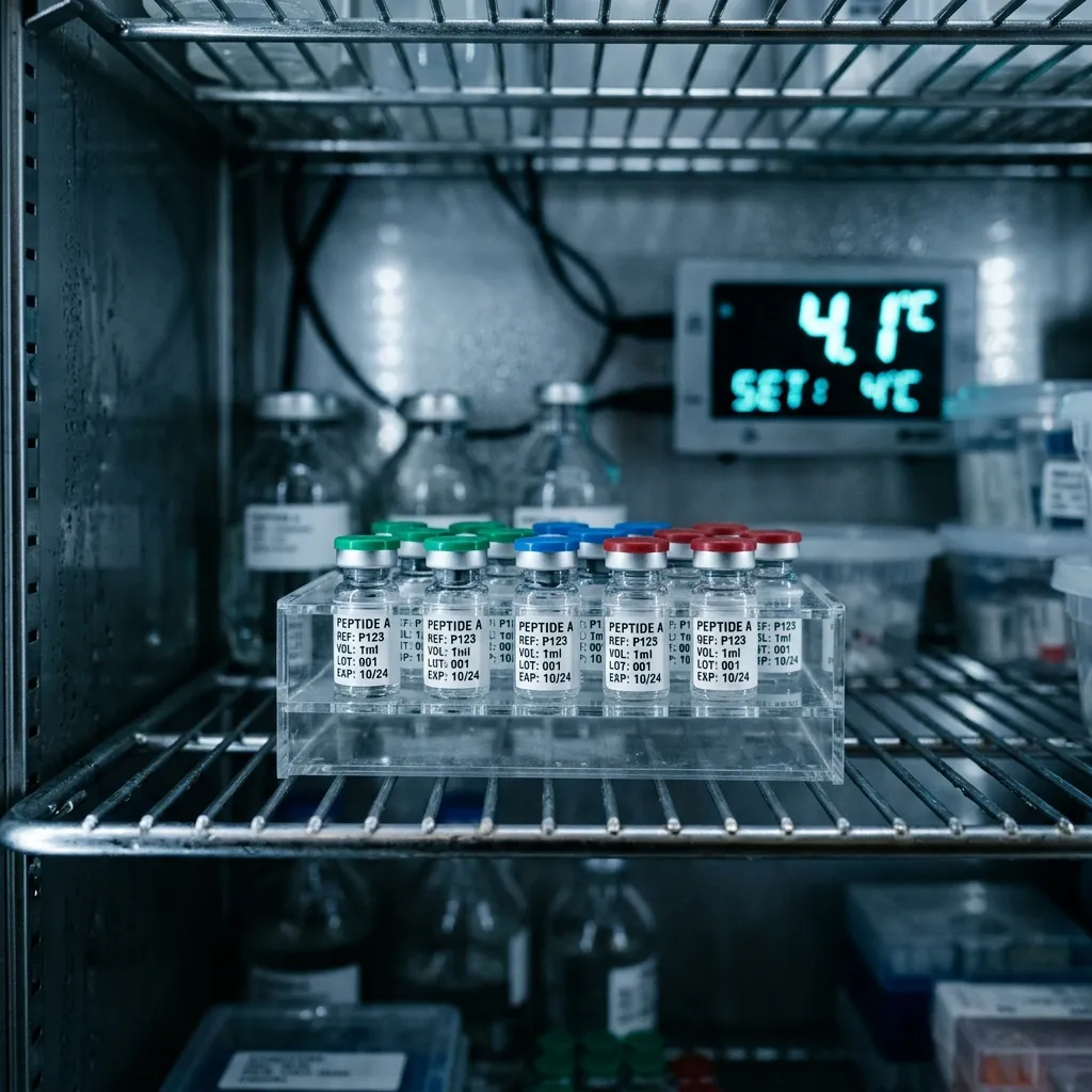 Reconstituted research peptide vials stored at 2 to 8 degrees Celsius in a laboratory refrigerator cold-chain rack