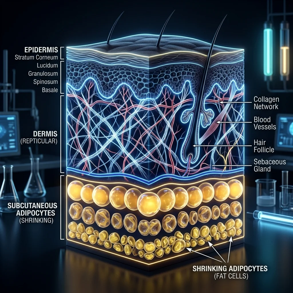 3D cross-section diagram of human skin and shrinking subcutaneous adipocytes caused by GLP-1 agonists