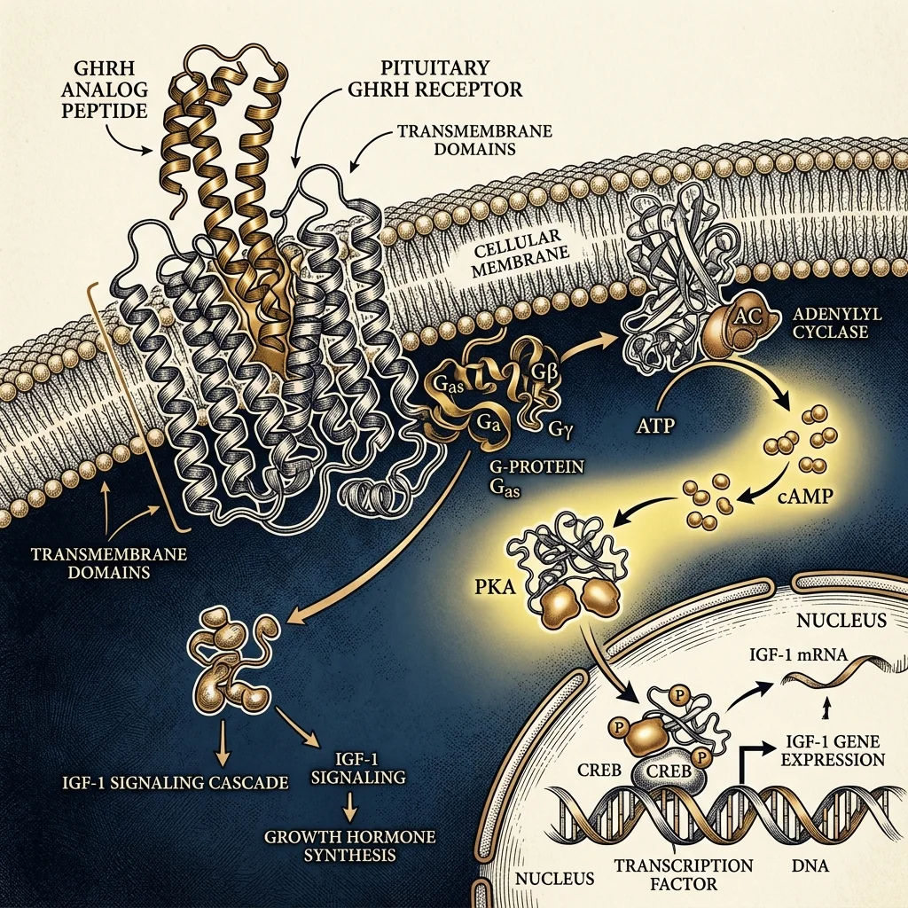 Illustration of Tesamorelin GHRH analog binding to pituitary receptors