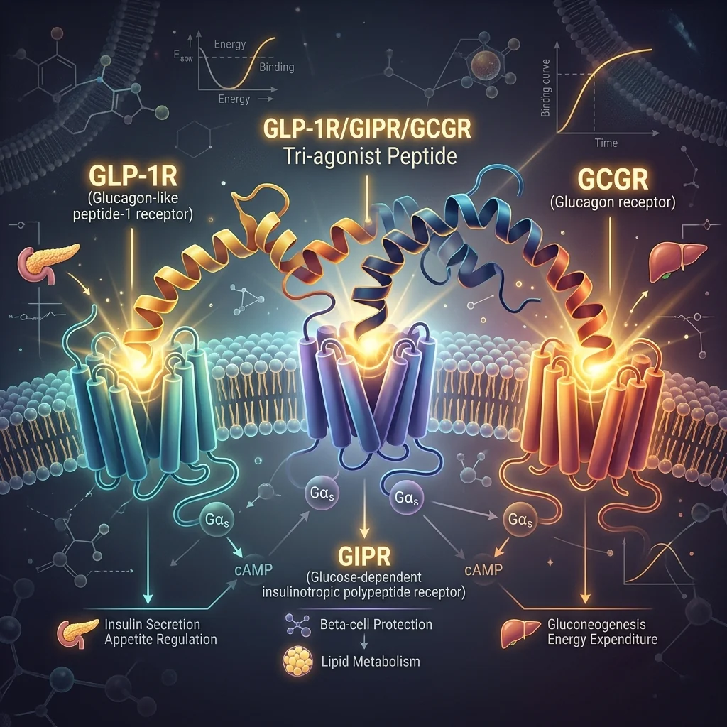 Diagram of a triple-agonist peptide binding GLP-1, GIP, and glucagon receptors