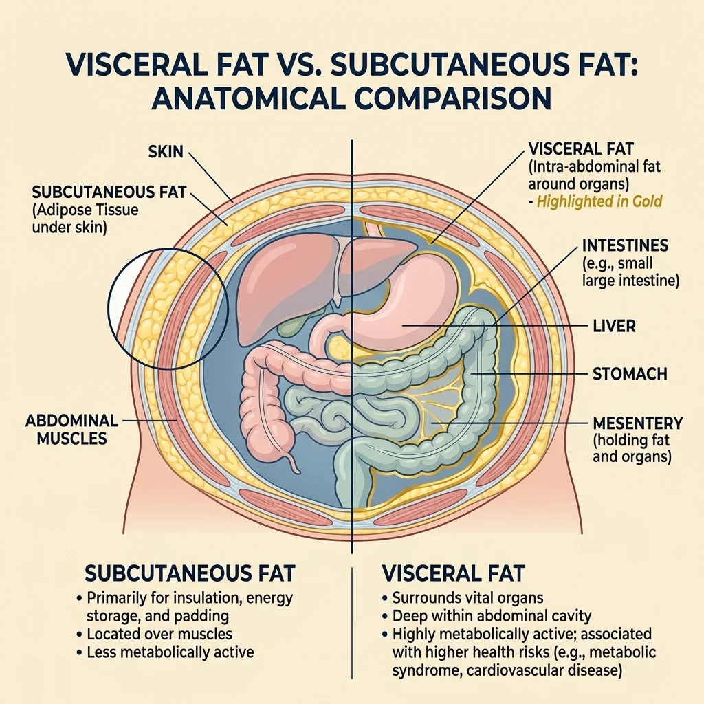 Diagram comparing visceral fat and subcutaneous fat in the human abdomen